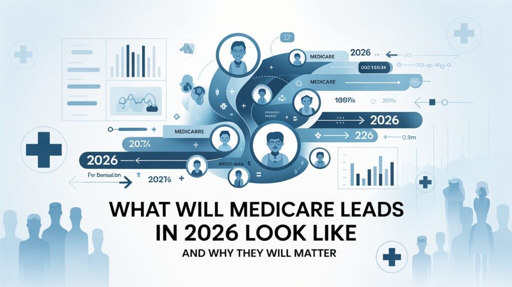 A blue-toned data visualization infographic showing person icons and percentages explaining the process of how to get medicare leads.