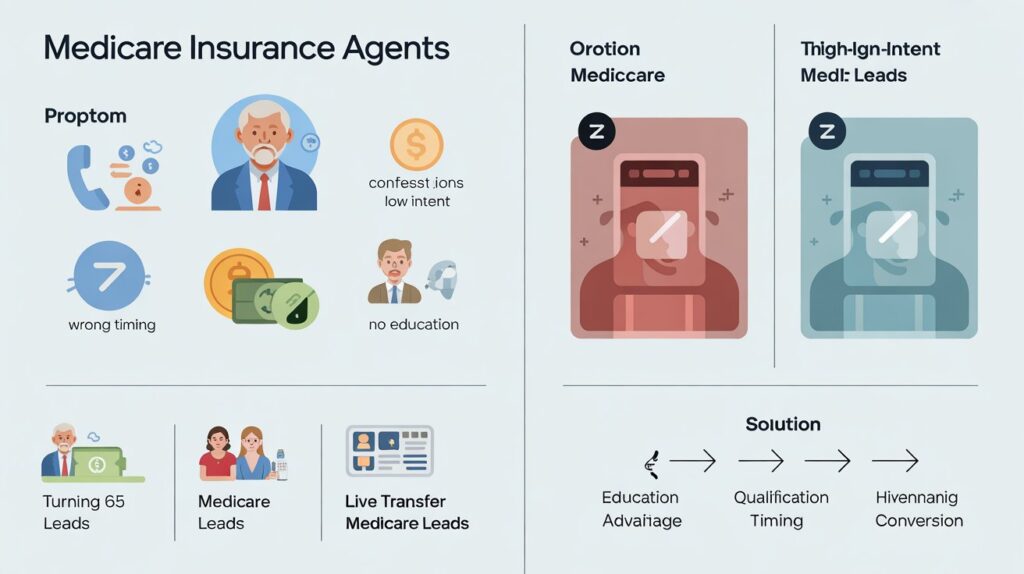 Alt Text: A detailed vertical infographic for insurance agents explaining How to Get Medicare Leads by solving common problems like wrong timing or low intent. The design highlights solutions such as Turning 65 Leads and Live Transfer Medicare Leads, showing a workflow from education and qualification to high-conversion results.