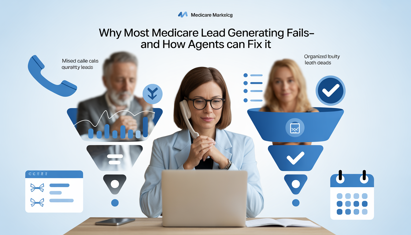 A professional blog thumbnail focused on Medicare Lead Generation titled "Why Most Medicare Lead Generating Fails—and How Agents can Fix it." The image shows a female insurance agent on a phone call at her laptop, centered between two visual funnels illustrating lead quality issues versus organized, high-quality results.