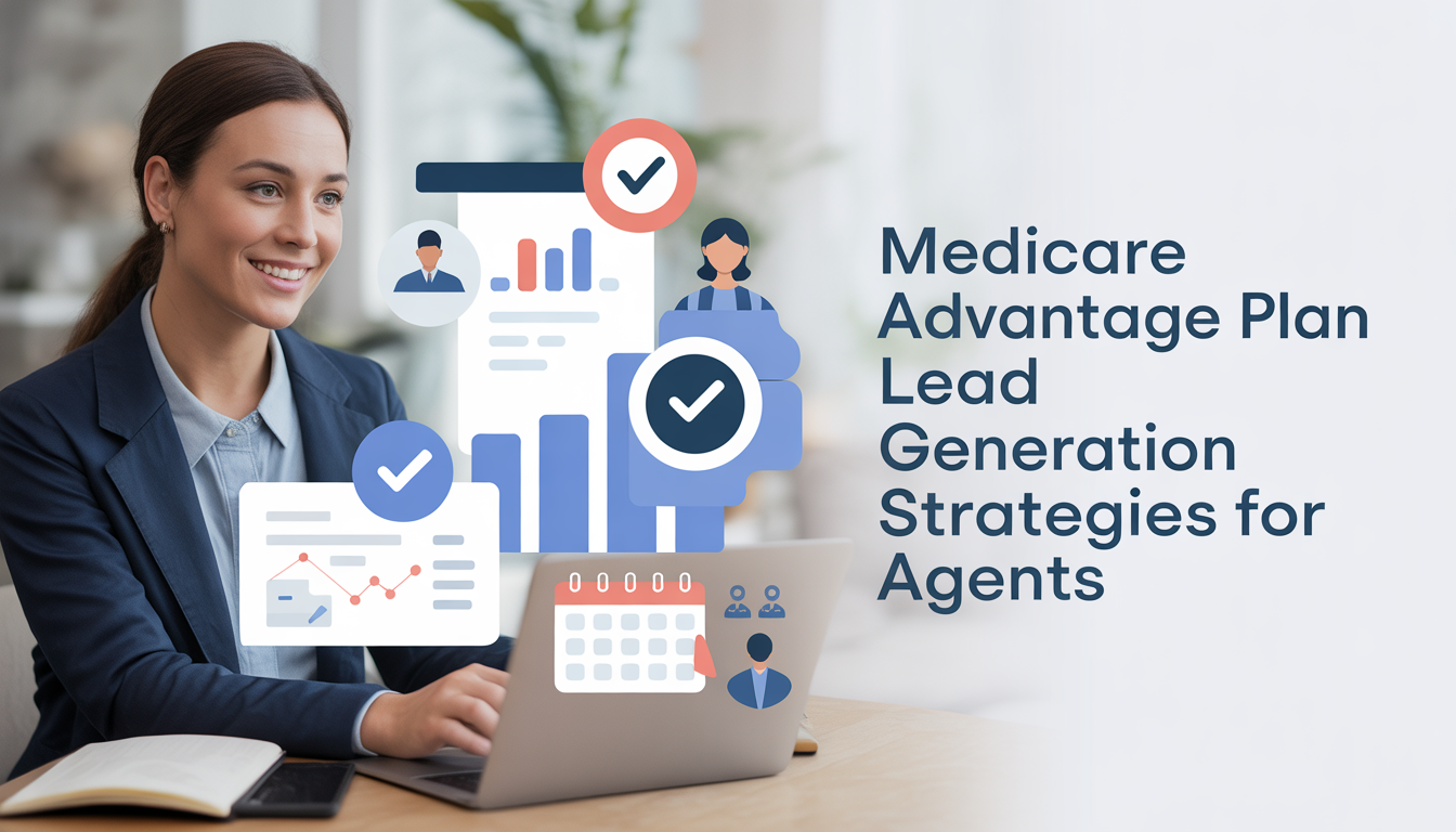 A professional infographic titled "Medicare Advantage Plan Leads" featuring four key service benefits: exclusive vs shared leads, turning 65 leads (age 64.5+), verified contact info, and high intent prospects, each paired with a clean blue and green icon on a light background.