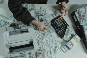 Calculator showing cost analysis for Medicare leads with money stacks and a Medicare card, symbolizing ROI maximization